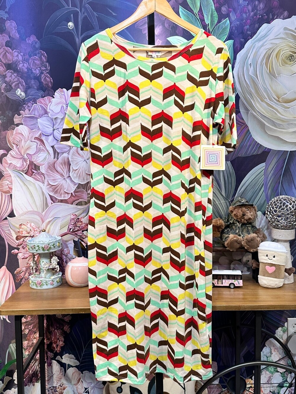 LuLaRoe XL Multicolor Stretch Midi Dress NWT USA Contemporary Geometric Pattern